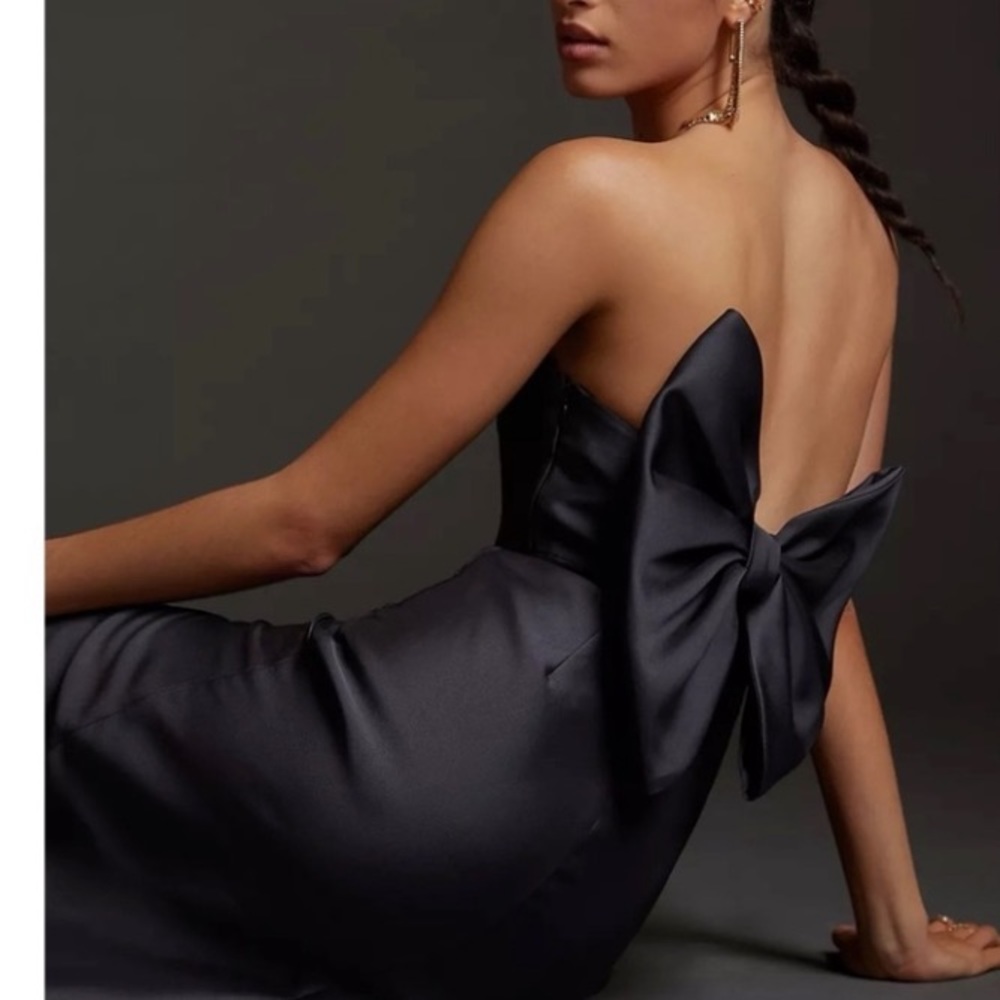 ANTHROPOLOGIE Hutch Slim Bow Back Midi Dress Strapless Side Slit Black 2 NWT